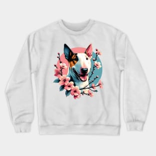 Miniature Bull Terrier Celebrates Spring Cherry Blossoms Crewneck Sweatshirt